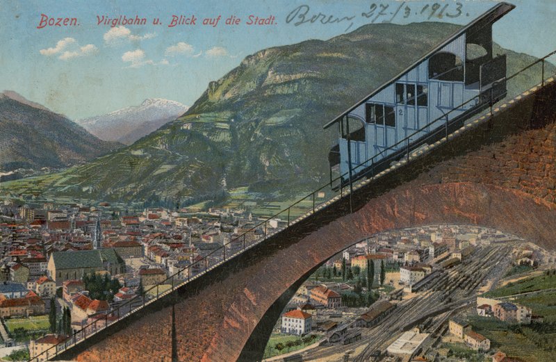 Bolzano - taubane og utsikt over byen. Postkort sendt i 1913. av Italian Photographer
