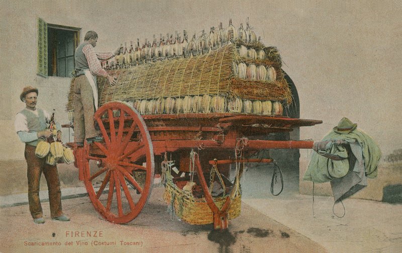 Laster flasker vin på en vogn, Firenze. Postkort sendt i 1913. av Italian Photographer