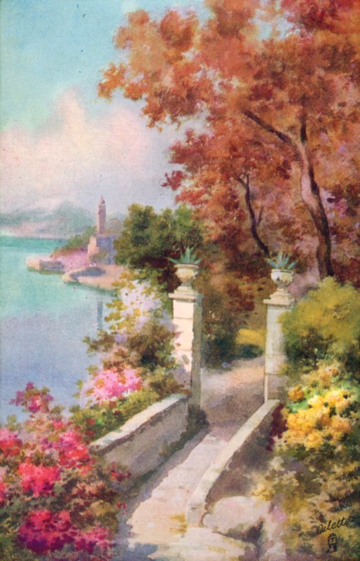 En villa ved Lago Maggiore, Italia (fargelitografi) av Italian School