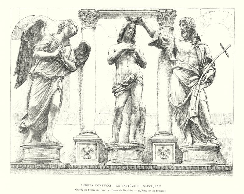 Andrea Contucci, The Baptism of Saint John, Gruppe i bronse på en av dørene til dåpskapellet, Engelen er av Spinazzi (gravering) av Italian School