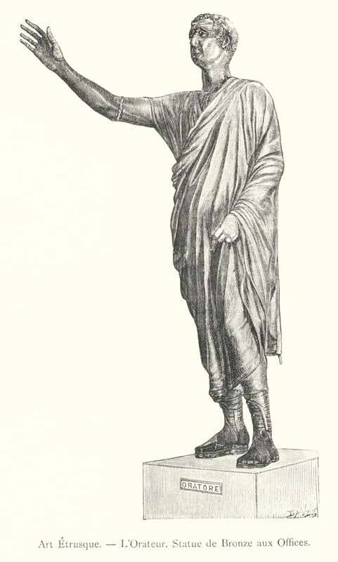 Etruskisk kunst, Oratoren, Bronsestatue ved Uffizi (gravering) av Italian School