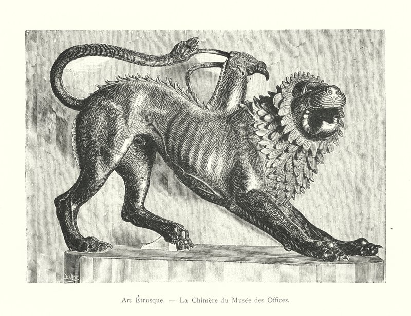Etruskisk kunst, Chimera of the Uffizi Museum (gravering) av Italian School