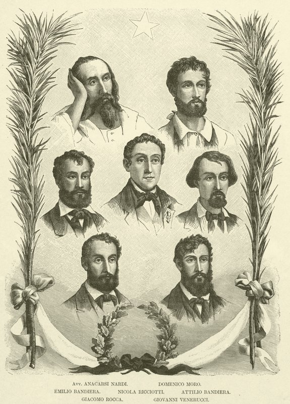 Avv Anacarsi Nardi, Domenico Moro, Emilio Bandiera, Nicola Ricciotti, Attilio Bandiera, Giacomo Rocca, Giovanni Venerucci (gravering) av Italian School