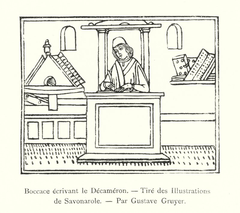 Boccaccio som skriver Decameron, fra illustrasjonene til Savonarola, av Gustave Gruyer (gravering) av Italian School