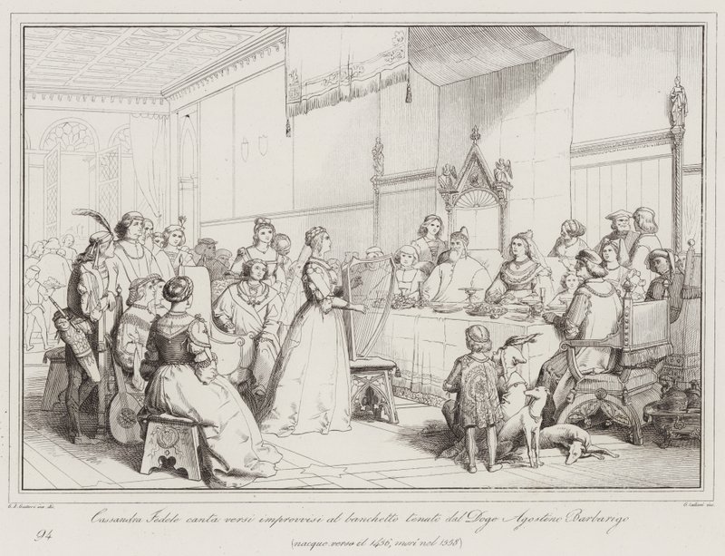 Cassandra Fedele synger plutselige vers på banketten holdt av Doge Agostino Barbarigo ... (gravering) av Italian School