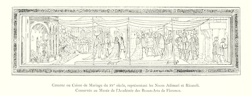 Cassone eller ekteskapskrin fra 1400-tallet, som representerer Adimari- og Ricasoli-bryllupene, bevart på Museum of the Academy of Fine Arts i Firenze (gravering) av Italian School