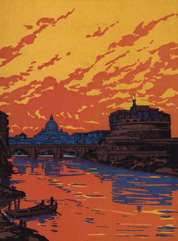 Castel Sant#39;Angelo og elven Tiber, Roma (fargelitografi) av Italian School