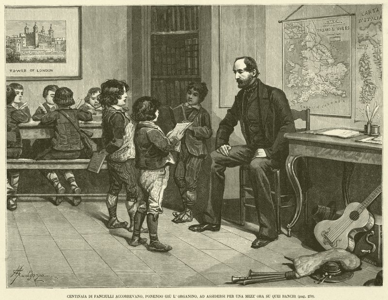 Hundrevis av barn som løper, legger ned orgelet og setter seg ned i en halv time på de benkene (gravering) av Italian School