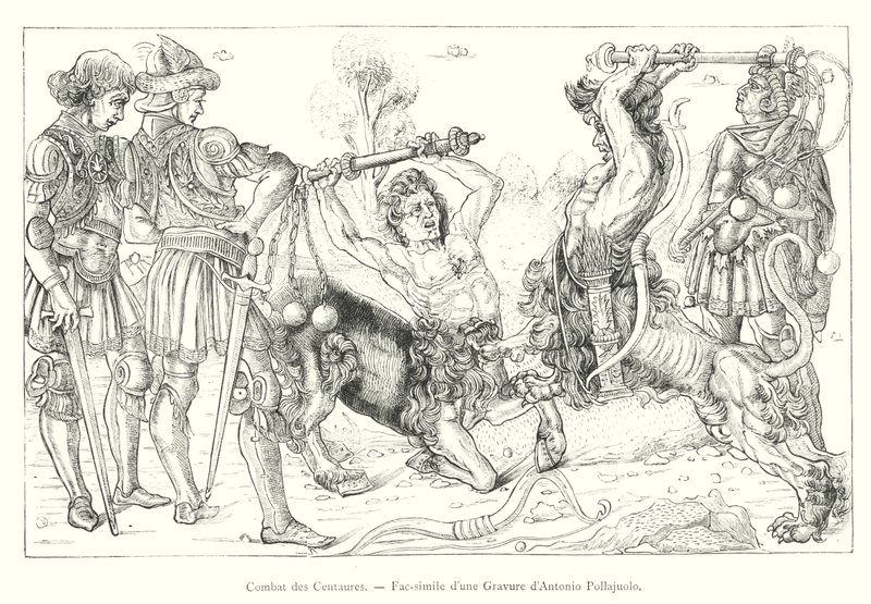 Fight of the Centaurs, faksimile av en gravering av Antonio Pollajuolo (gravering) av Italian School