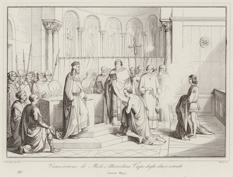Konvertering av Mislo eller Miroslavo sjef for slavisk-kroatene, 829 (gravering) av Italian School