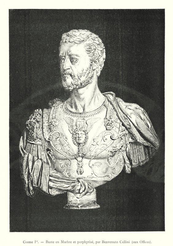 Cosimo I, Byste i marmor og porfyr, av Benvenuto Cellini, ved Uffizi (gravering) av Italian School