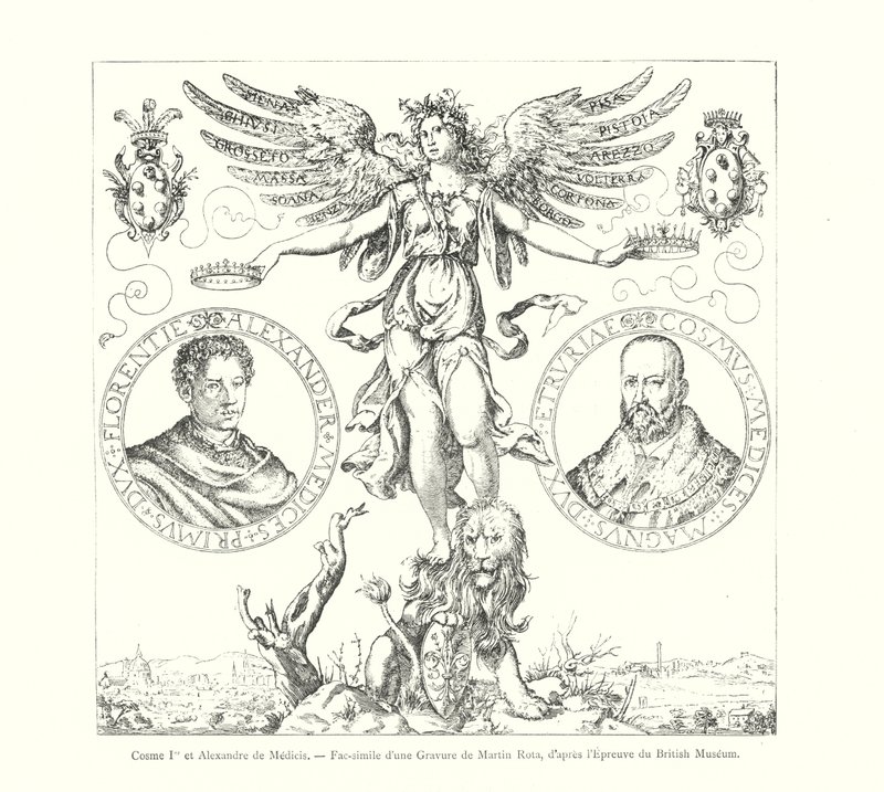 Cosimo I og Alexander de Medici, Faksimile av en gravering av Martin Rota, etter British Museum Print (gravering) av Italian School