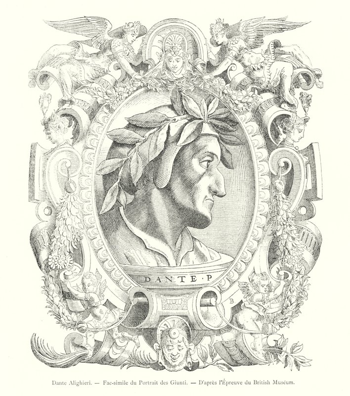 Dante Alighieri, faksimile av portrettet av Giunti, fra British Museum Proof (gravering) av Italian School