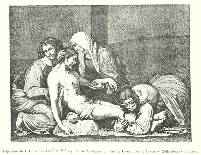 Deponering av korset kjent som La Pieta di Luco, av Del Sarte, malt for Camaldolese of Lucco, Collections of Florence (gravering) av Italian School