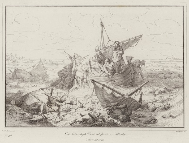 Hunnernes nederlag ved havnen i Albiola, 903 (gravering) av Italian School