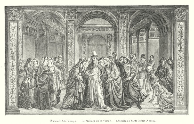 Domenico Ghirlandajo, Jomfruens ekteskap, kapellet Santa Maria Novella (gravering) av Italian School