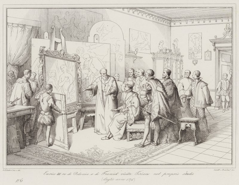 Henrik III, konge av Polen og Frankrike, besøker Titian i studioet hans av Italian School