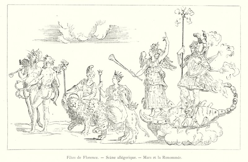 Fester i Firenze, allegorisk scene, Mars og berømmelse (gravering) av Italian School