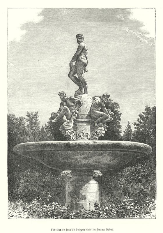 Fontenen til Jean de Bologna i Boboli-hagen (gravering) av Italian School