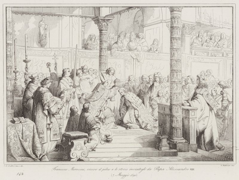 Francesco Morosini, mottar pileus og stocco sendt til ham av pave Alexander VIII av Italian School