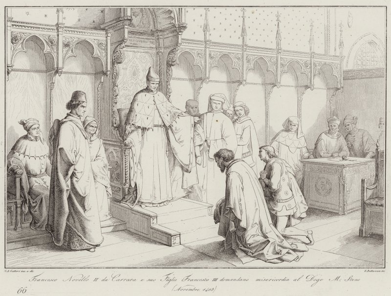 Francesco Novello II av Carrara og sønnen Francesco III ber om nåde fra dogen Michele Steno av Italian School