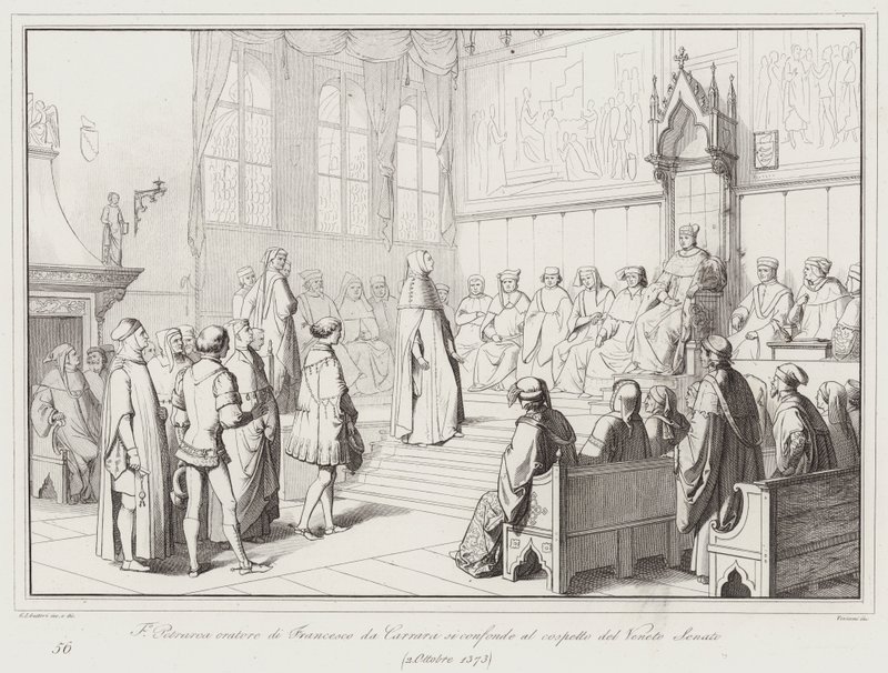 Francesco Petrarcas taler av Francesco da Carrara er forvirret i nærvær av Veneto-senatet av Italian School