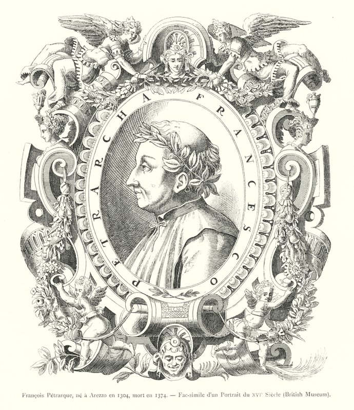 Francois Petrarque, født i Arezzo i 1304, død i 1374, faksimile av et 1500-tallsportrett, British Museum (gravering) av Italian School