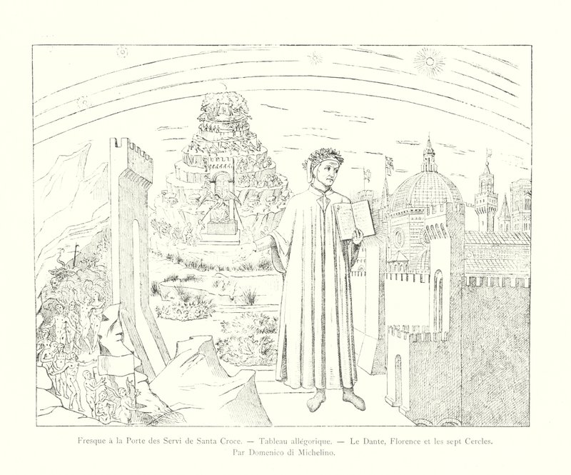 Fresco ved døren til Servi av Santa Croce, Allegorisk maleri, Dante, Firenze og de syv sirkler, av Domenico di Michelino (gravering) av Italian School