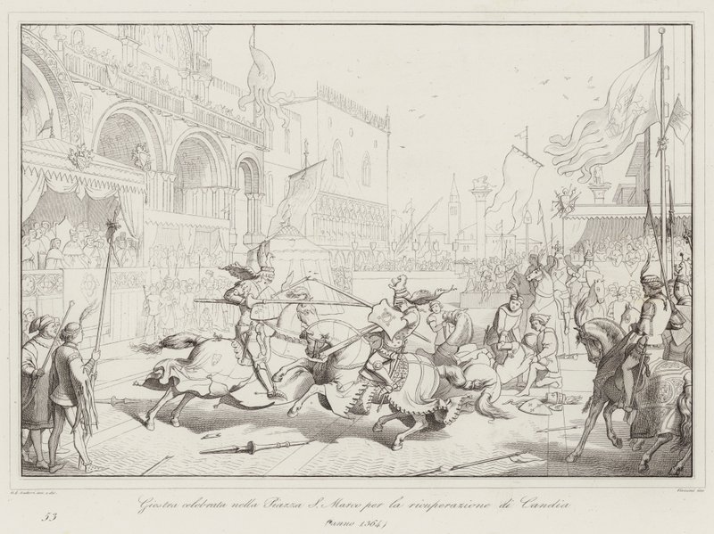 Joust feiret på Piazza S Marco for gjenopprettingen av Candia av Italian School