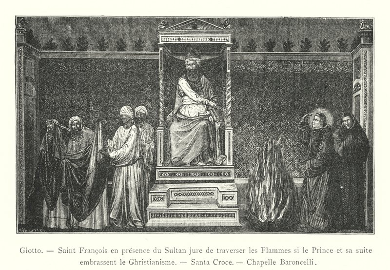 Giotto, Saint Francis i nærvær av sultanen sverger å krysse flammene hvis prinsen og hans følge omfavner kristendommen, Santa Croce, Baroncelli Chapel (gravering) av Italian School