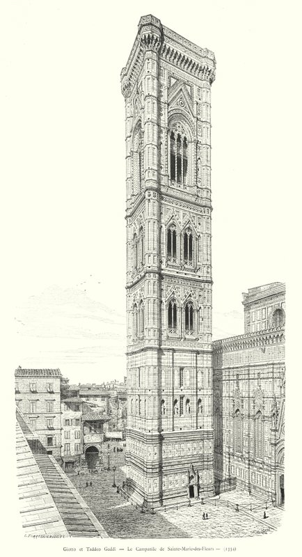 Giotto og Taddeo Gaddi, Campanile of Sainte-Marie-des-Fleurs (gravering) av Italian School