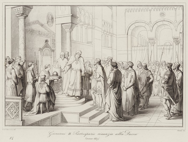 Giovanni II Partecipazio gir avkall på hertugdømmet, 887 (gravering) av Italian School