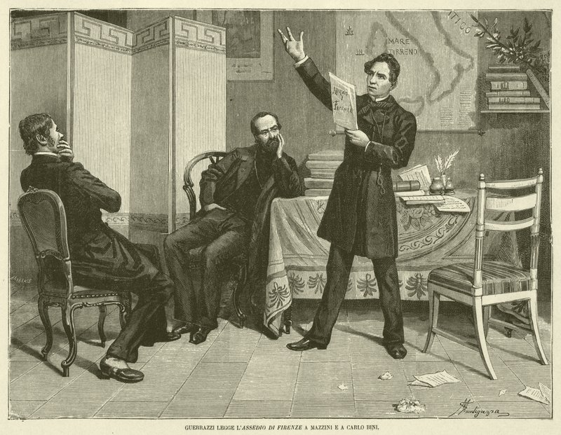 Guerrazzi leser beleiringen av Firenze til Mazzini og Carlo Bini (gravering) av Italian School