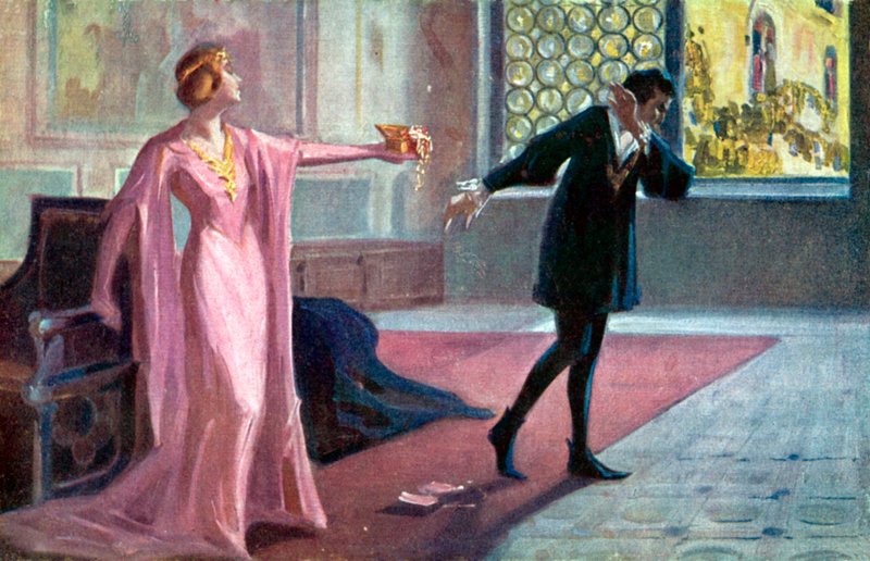 Hamlet og Ofelia (fargelitografi) av Italian School