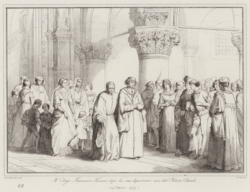 Doge Francesco Foscari, etter at hans avsetning forlater Dogepalasset av Italian School