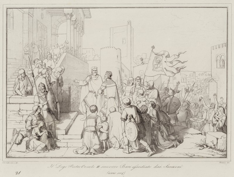 Doge Pietro Orseolo II hjelper Bari beleiret av saracenerne av Italian School
