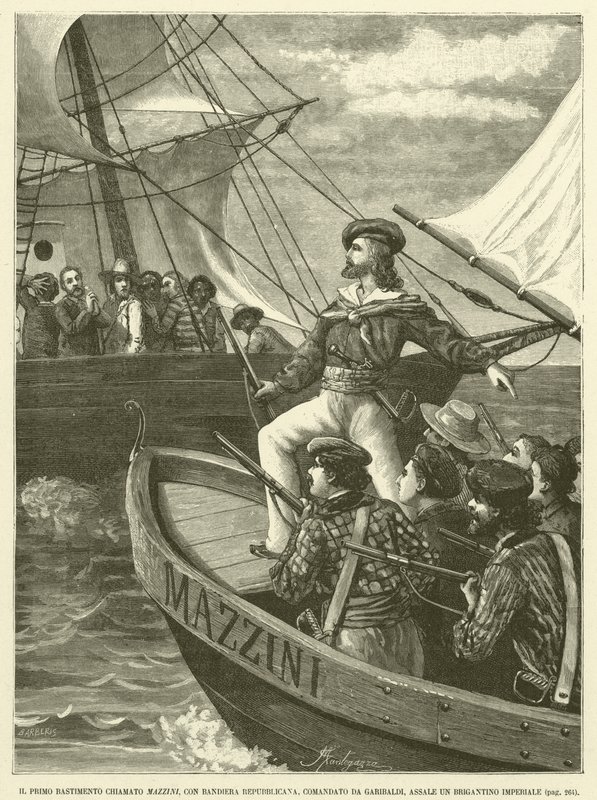 Det første verftet kalt Mazzini, med republikansk flagg, kommandert av Garibaldi, Assale An Imperial Brigantion (gravering) av Italian School