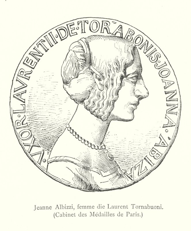 Jeanne Albizzi, kone til Laurent Tornabuoni, Cabinet des Medailles de Paris (gravering) av Italian School