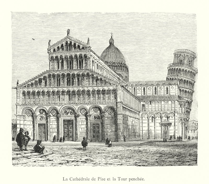 Pisa katedral og det skjeve tårnet (gravering) av Italian School