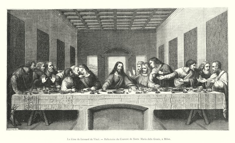 Nattverden av Leonardo da Vinci, refektoriet til klosteret Santa Maria delle Grazie, i Milano (gravering) av Italian School