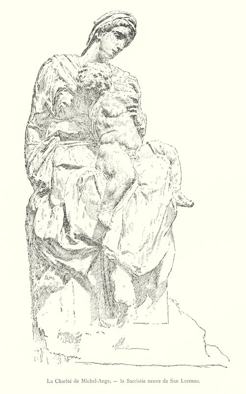 The Charity of Michelangelo, det nye sakristiet i San Lorenzo (gravering) av Italian School