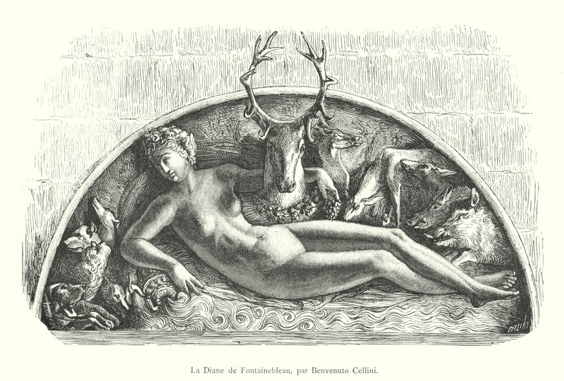 Diana av Fontainebleau, av Benvenuto Cellini (gravering) av Italian School
