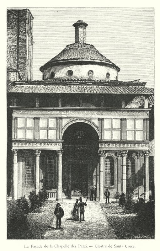 Fasaden til Chapel of the Pazzi, Cloister of Santa Croce (gravering) av Italian School