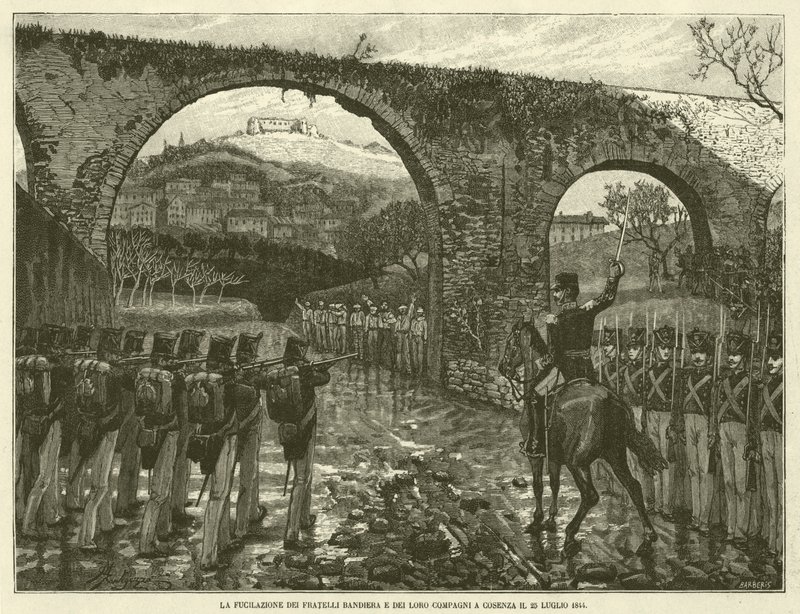 Skytingen av flaggbrødrene og deres følgesvenner i Cosenza 25. juli 1844 (gravering) av Italian School