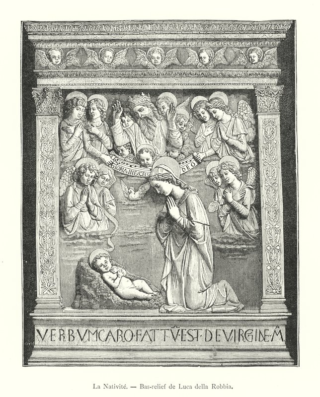 La Nativite, Bas-relieff av Luca della Robbia (gravering) av Italian School