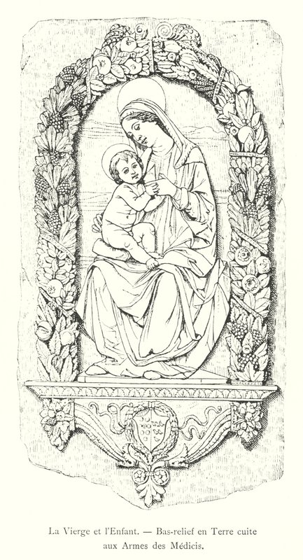 Jomfruen og barnet, Terracotta Bas-relieff med Medici-armene (gravering) av Italian School