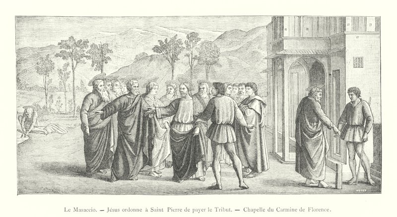 Masaccioen, Jesus beordrer Saint Peter å hylle, Carmine Chapel i Firenze (gravering) av Italian School