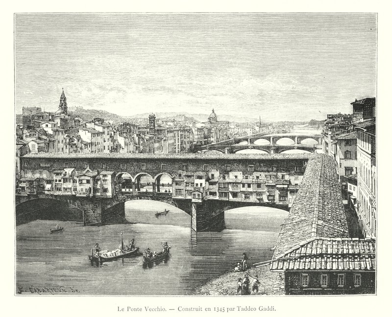 Le Ponte Vecchio, Construit en 1345 av Taddeo Gaddi (gravering) av Italian School