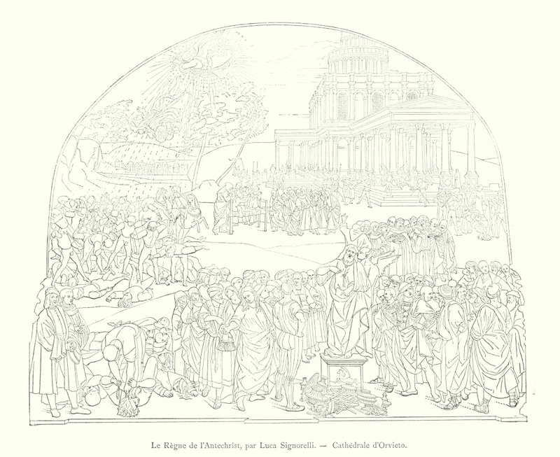 The Kingdom of the Antichrist, av Luca Signorelli, katedralen i Orvieto (gravering) av Italian School