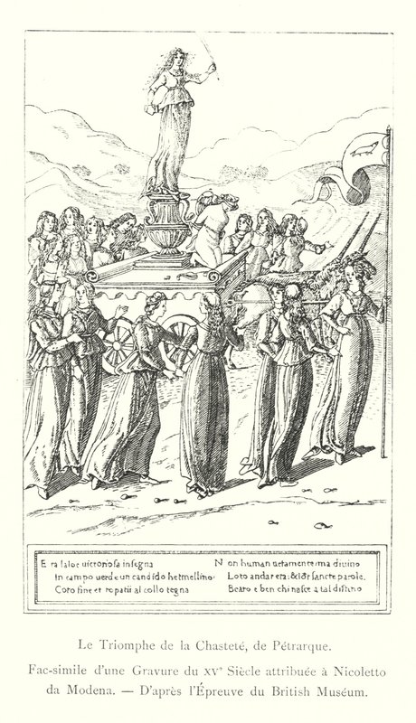 Kyskhetens triumf, av Petrarch, faksimile av en gravering fra 1400-tallet tilskrevet Nicoletto da Modena, etter British Museum Print (gravering) av Italian School